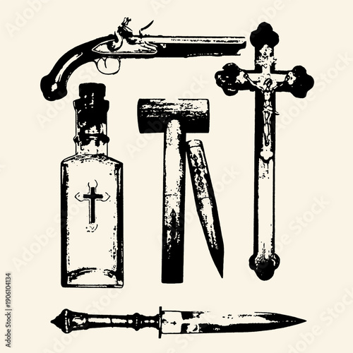 Vintage collection of vampire hunting tools including a pistol, crucifix, holy water bottle, wooden stake, and dagger in a classic distressed style.