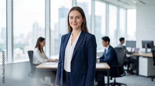 Confident young businesswoman standing in a modern office smiling at the camera surrounded by coworkers working busily at their desks in the background.