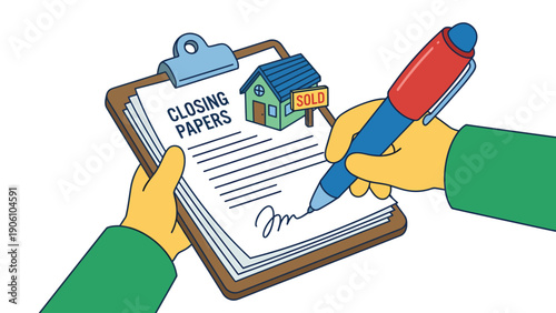 Cartoon hands signing real estate closing papers for a house with a "SOLD" sign