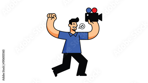 Energetic man recording video with camera and speech bubble icon, symbolizing vlogging, reporting, or content creation.