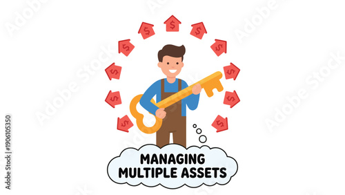 Cartoon man with key managing multiple house assets, representing property investment and financial portfolio