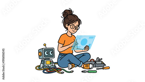Female engineer coding robot with holographic interface, surrounded by tools, wires & electronic components. Robotics & tech concept.