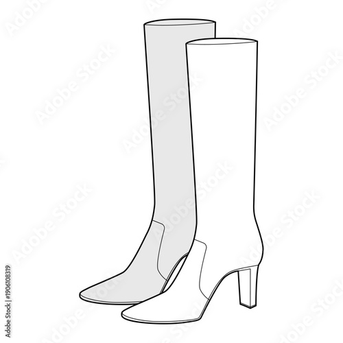 Block heel midi boot women sketch pair. Mid-calf shaft with chunky heel for winter collection and seasonal trend. Technical fashion illustration CAD mockup vector men unisex isolated elegant style