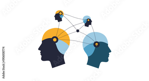 Two stylized human head silhouettes connected by a network of dots, representing communication, idea sharing, and collaborative thinking on an isolated white background.