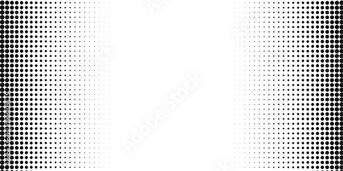 Left and right borders with dotted halftoned effect and empty space in center. Faded polka dot pattern. Wallpaper with grain, pixel or mosaic texture. Anime page template. Vector graphic illustration.