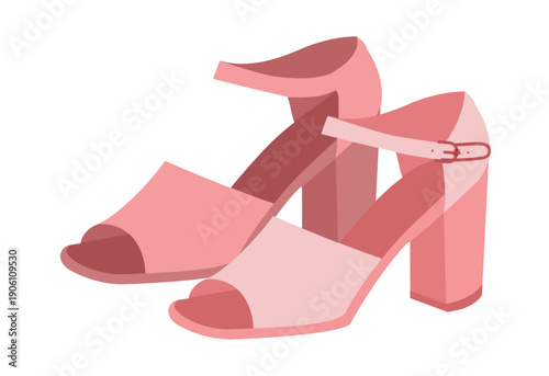 Pink block heel sandal women flat pair. Open toe ankle strap dress footwear, romantic date, vacation look. Technical fashion illustration, CAD mockup, smooth vector men unisex isolated feminine style.