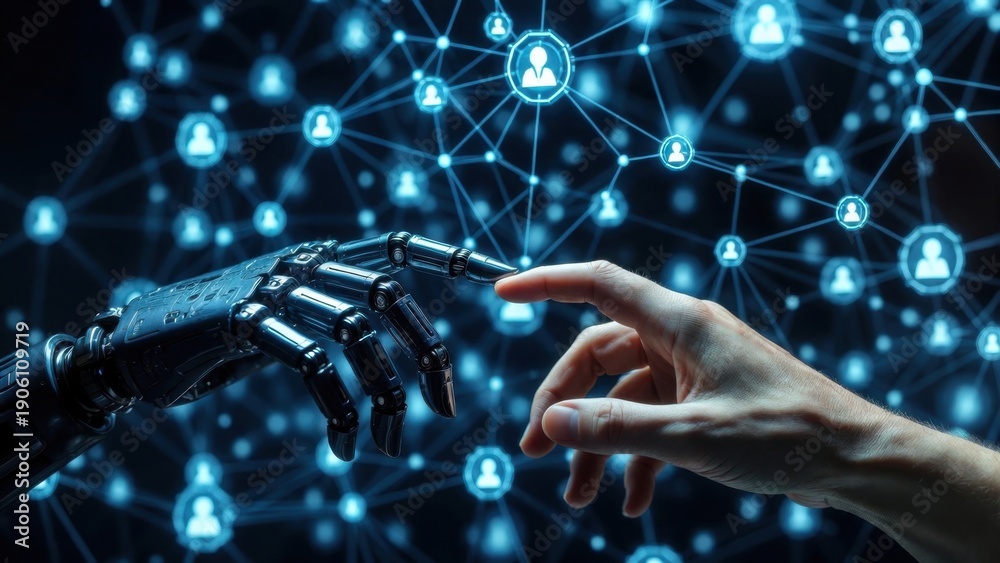 Fototapeta premium Futuristic connection between human hand and robotic hand in digital network.