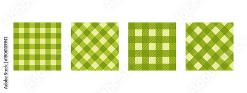 Set of green checkered picnic plaid print. Spring or summer gingham or vichy patterns. Tablecloth, blanket, basket napkin or towel texture. Wrapping paper or textile design. Vector flat illustration.