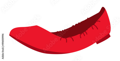 Red pointed ballet flat shoe women flat. Ruched edge pointed toe footwear for statement outfit bold wardrobe. Technical fashion illustration CAD mockup smooth vector man unisex isolated trendy style.