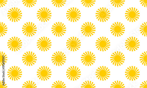 Cute yellow sun shapes seamless pattern. Sunburst, sunlight or sunshine background. Spring or summer theme wallpaper. Happy vibes print for fabric or wrapping paper design. Vector flat illustration.
