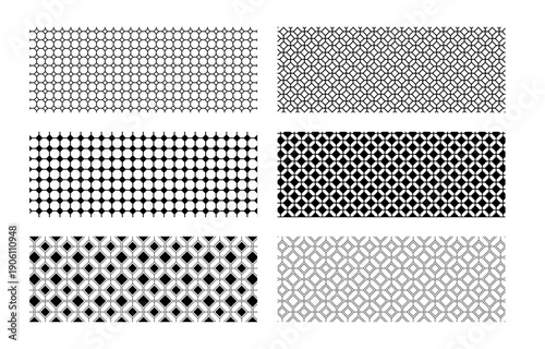 Set of floor or wall tile backgrounds with hexagon and square shapes. Asian ceramic mosaic textures. Cafe or restaurant interior ornaments. Simple geometric prints. Vector graphic illustration.