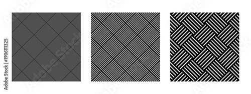 Black and white wicker basket textures in diagonal arrangement. Floor or wall tile with crossed stripes pattern. Abstract geometric prints. Simple textile structures. Vector graphic illustration.