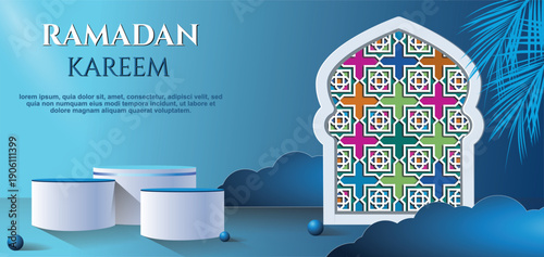 Ramadan sale discount template banner with 3d podium for product sale.