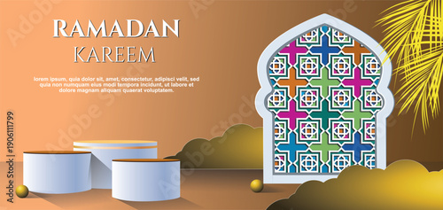 Ramadan sale discount template banner with 3d podium for product sale.