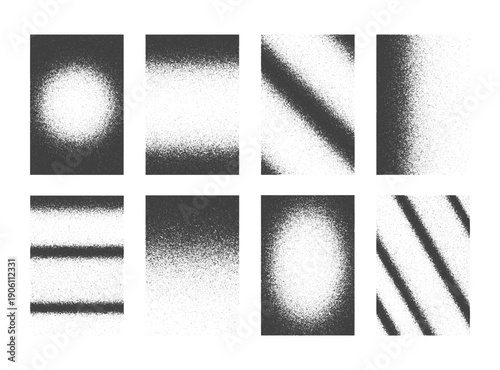 Set of backgrounds with dust or dirt, noise or grunge effect. Monochrome faded patterns. Gritty, mezzotint or splatter textures. Duotone gradient print. Modern wallpaper. Vector graphic illustration.