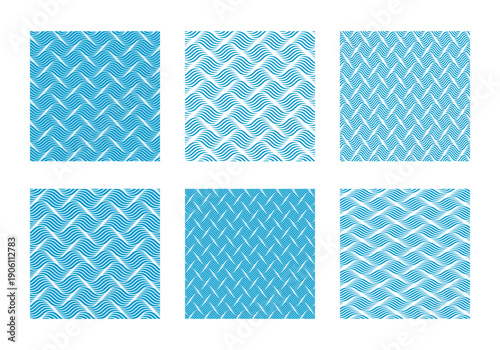 Set of wave backgrounds. Collection of patterns with blue and white curvy lines. Ocean, sea or lake water prints. Swimming pool or aquarium aqua textures. Maritime ornaments. Vector flat illustration.