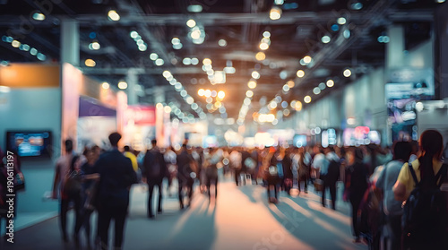 Abstract blurred image of a busy crowd moving through a vibrant exhibition hall with colorful bright lights