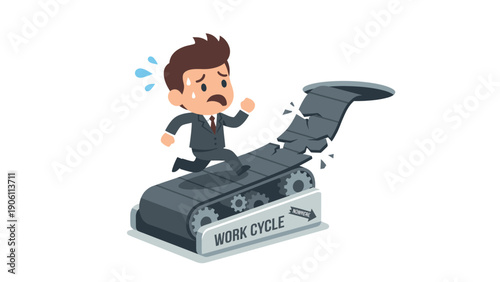 Stressed businessman on broken 'WORK CYCLE' treadmill, symbolizing burnout, corporate pressure, and unsustainable work challenges.