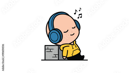 Relaxed cartoon character with headphones enjoying music. Cute minimalist illustration.