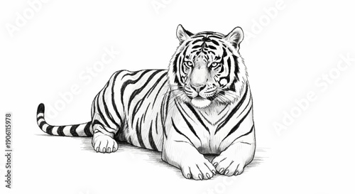 Detailed black and white sketch of a majestic tiger lying down.