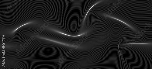 Dark abstract background with shining waves. Shiny moving lines design element. Modern white gradient flowing wave lines. Futuristic technology concept. Vector illustration