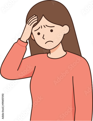 Woman touching her forehead with a sad expression, simple flat vector illustration