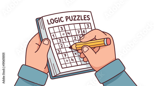 Hands solving a logic puzzle in a book with a pencil, brain teaser activity illustration