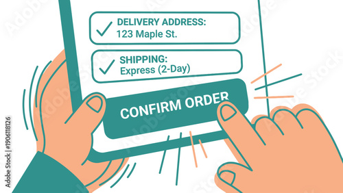 E-commerce Order Confirmation. Hands Tapping 'Confirm Order' Button on Tablet Screen with Delivery and Shipping Info.