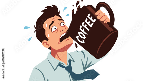 Stressed Man Desperately Drinking Huge Coffee Mug, Overwhelmed by Caffeine and Work Pressure