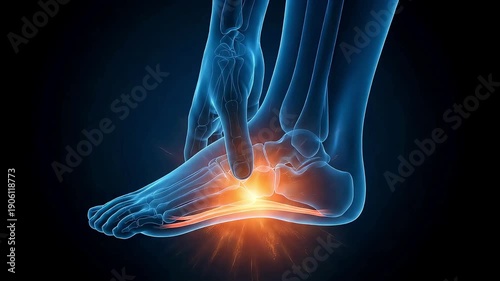 3D medical animation visualizing the intense pain and inflammation of plantar fasciitis