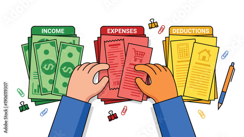 Financial Planning & Budgeting: Hands Sorting Income, Expenses, and Tax Deductions