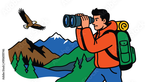 Hiker with Binoculars Observing Eagle in Mountain Landscape Illustration