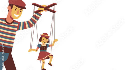 Smiling Man Puppeteer Controlling Marionette Doll with Strings, Flat Vector Illustration of Performance Art