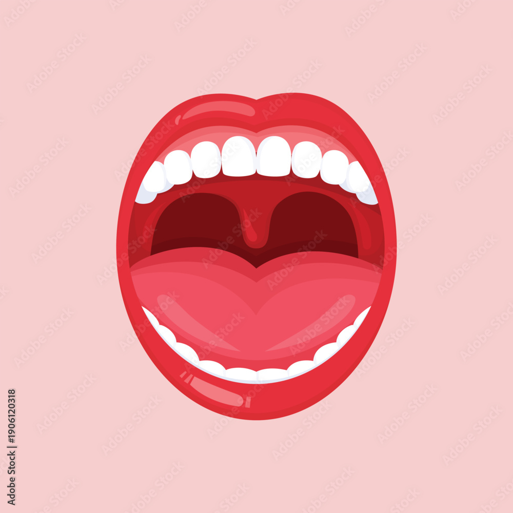 Naklejka premium Illustration of an open human mouth showing teeth and oral cavity for dental health, anatomy learning, and medical visual content.
