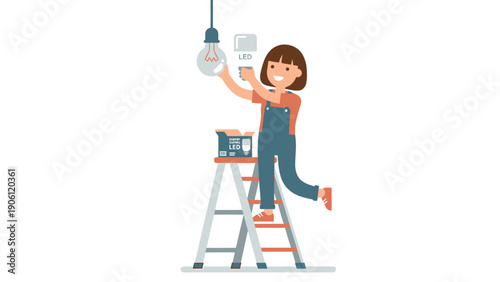 Smiling woman on ladder installing new LED light bulb for energy saving and home improvement