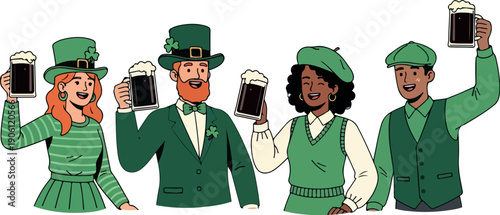 Friends Celebrating with Beer and Traditional Outfit isolated on transparent background