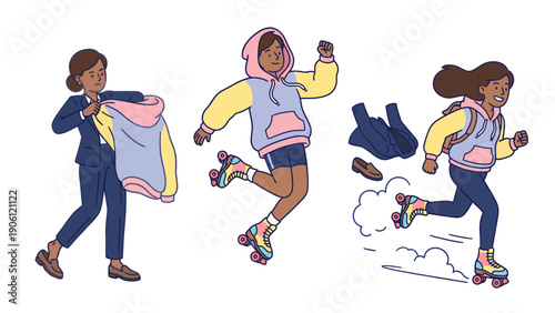 From corporate to casual: Woman switches from business attire to roller skates for active fun and freedom