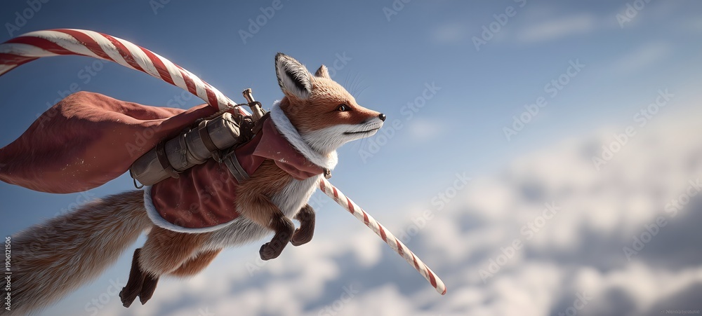 Fototapeta premium Fox flies with candy cane and backpack through clouds