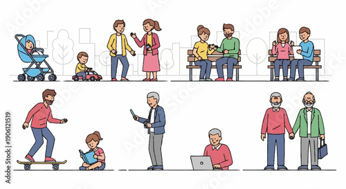 Diverse group of people in various everyday activities and poses.