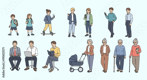 Diverse Group of People in Various Poses and Activities.