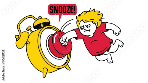 Grumpy Cartoon Character Punches Alarm Clock Snooze Button for More Sleep. Morning Wake-Up Struggle and Sleep Deprivation.
