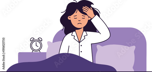 A woman with messy hair sitting in bed looking exhausted and holding her head, flat minimalist vector illustration.