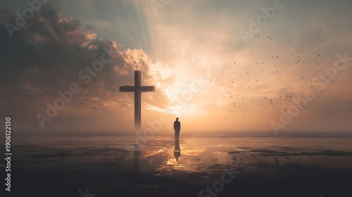 Solitary Figure Approaches Cross Against Dramatic Sunset Sky with Birds