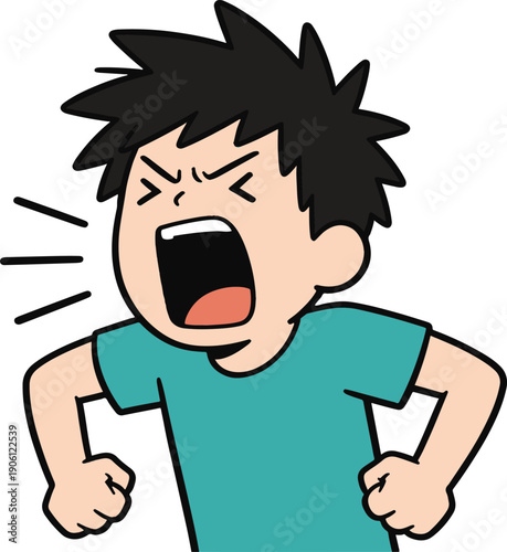 Angry boy leaning forward while screaming with fists clenched, dynamic cartoon vector illustration.