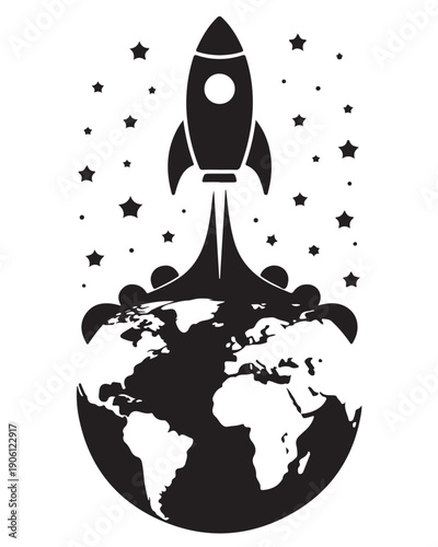 Minimalist black and white vector design featuring a rocket launching from Earth amidst stars, symbolizing global innovation, startup success, and future technology