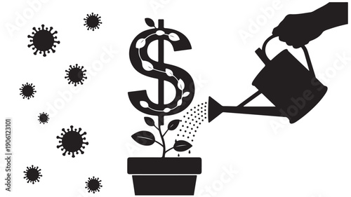 Economic growth fueled by investment, illustrated with a dollar sign plant being watered in a pot with virus symbols in the background