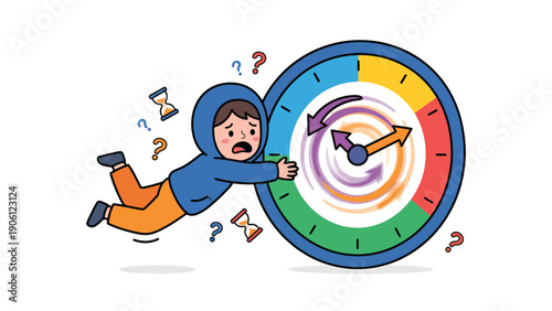 Overwhelmed person trying to stop a rapidly spinning clock, symbolizing time pressure, urgency, and deadline stress