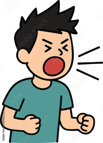 Angry boy shouting with closed eyes and clenched fists, expressive cartoon vector illustration.