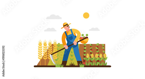 Farmer diligently harvesting crops with a scythe surrounded by wheat and vegetables under the sun