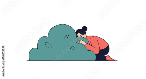 Young woman playfully peeking from behind a large green bush representing curiosity and hidden observation